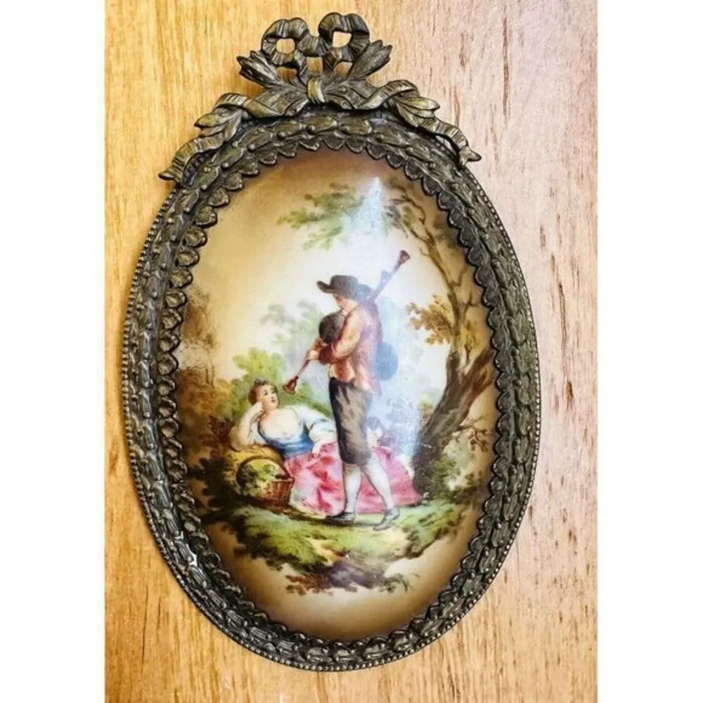 Vintage Porcelain Miniature Oval‎ Plaque Couple & Landscape Wall Art See Photos